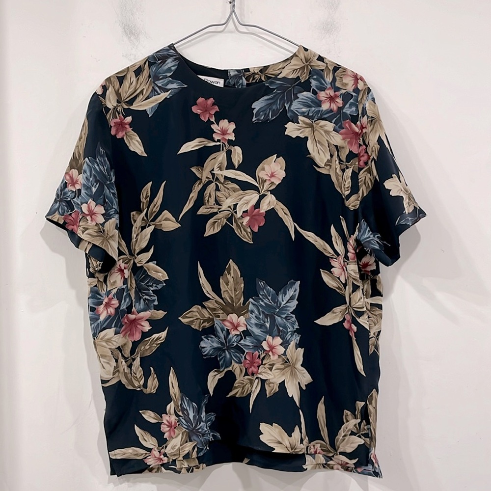 Rena Rowan Vintage Silk Short Sleeve Blouse Top Navy Blue Floral Large Petite